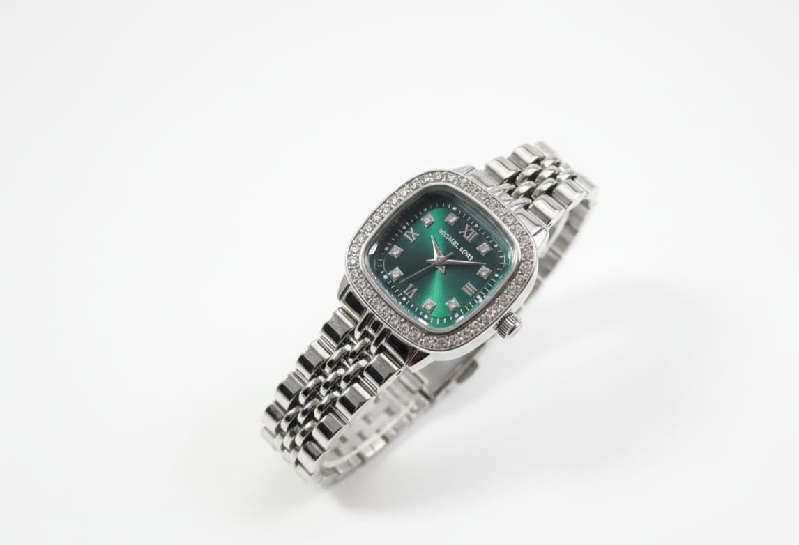 Ladies' Emerald Green Cushion-Cut Watch with Crystal Bezel & Silver Bracelet