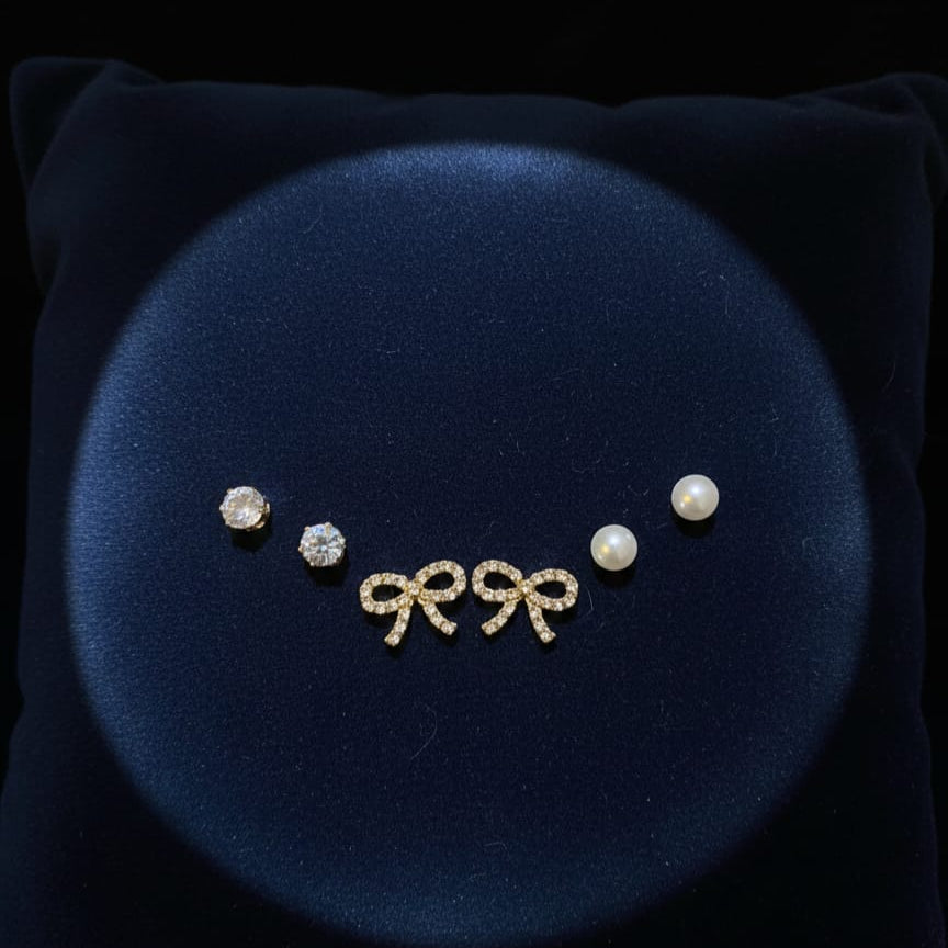 Triple Tier Stud Set: Bow, Pearl & Crystal