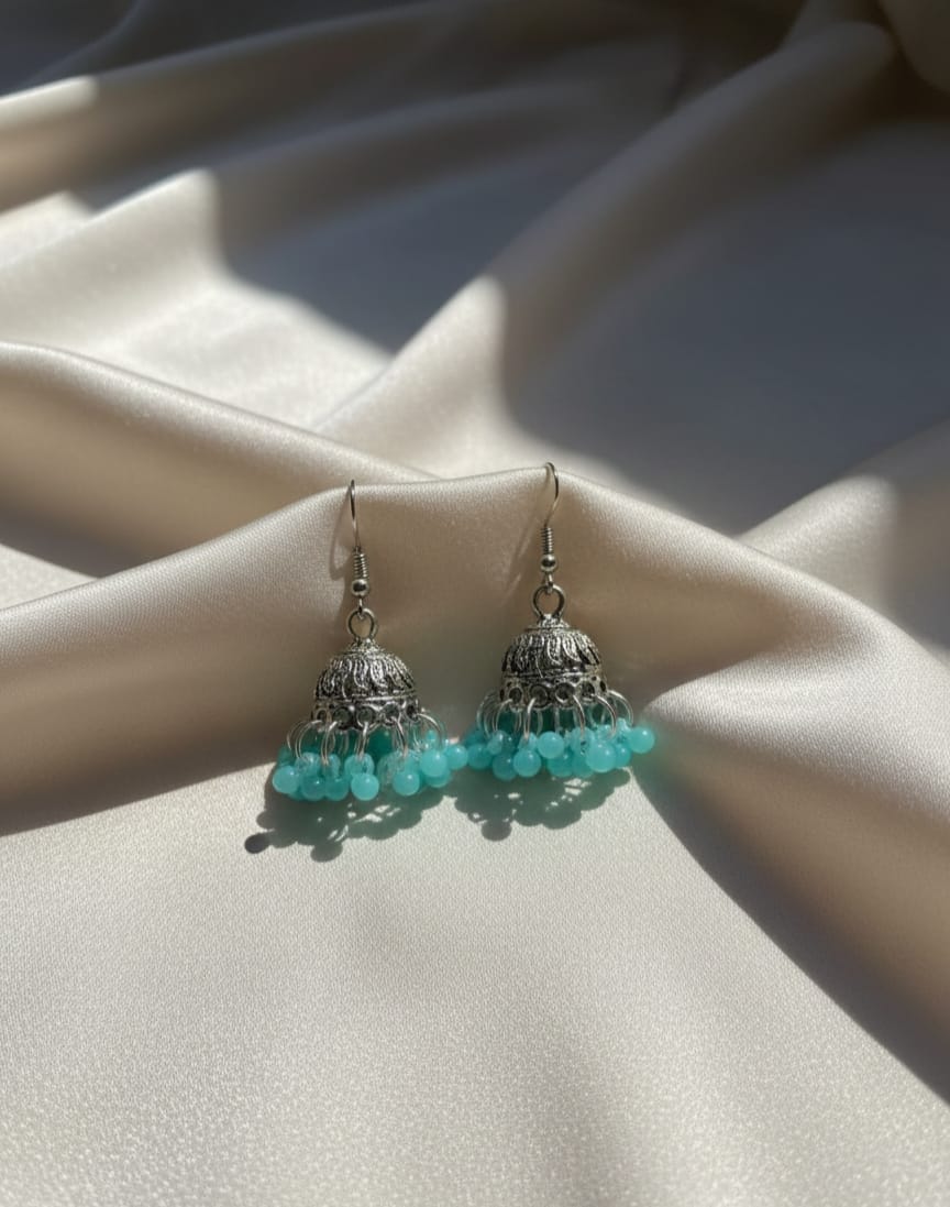 Oxidized Silver Dome Jhumka Earrings with Beaded Base