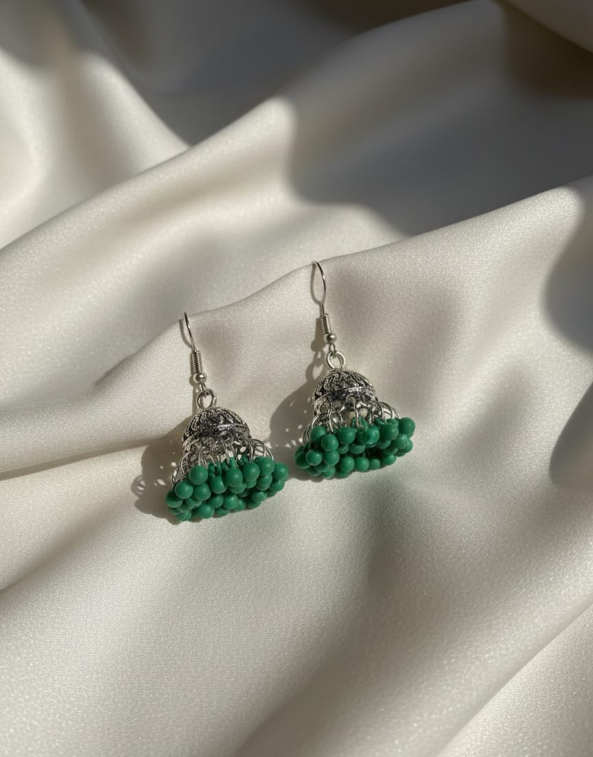Oxidized Silver Dome Jhumka Earrings with Beaded Base