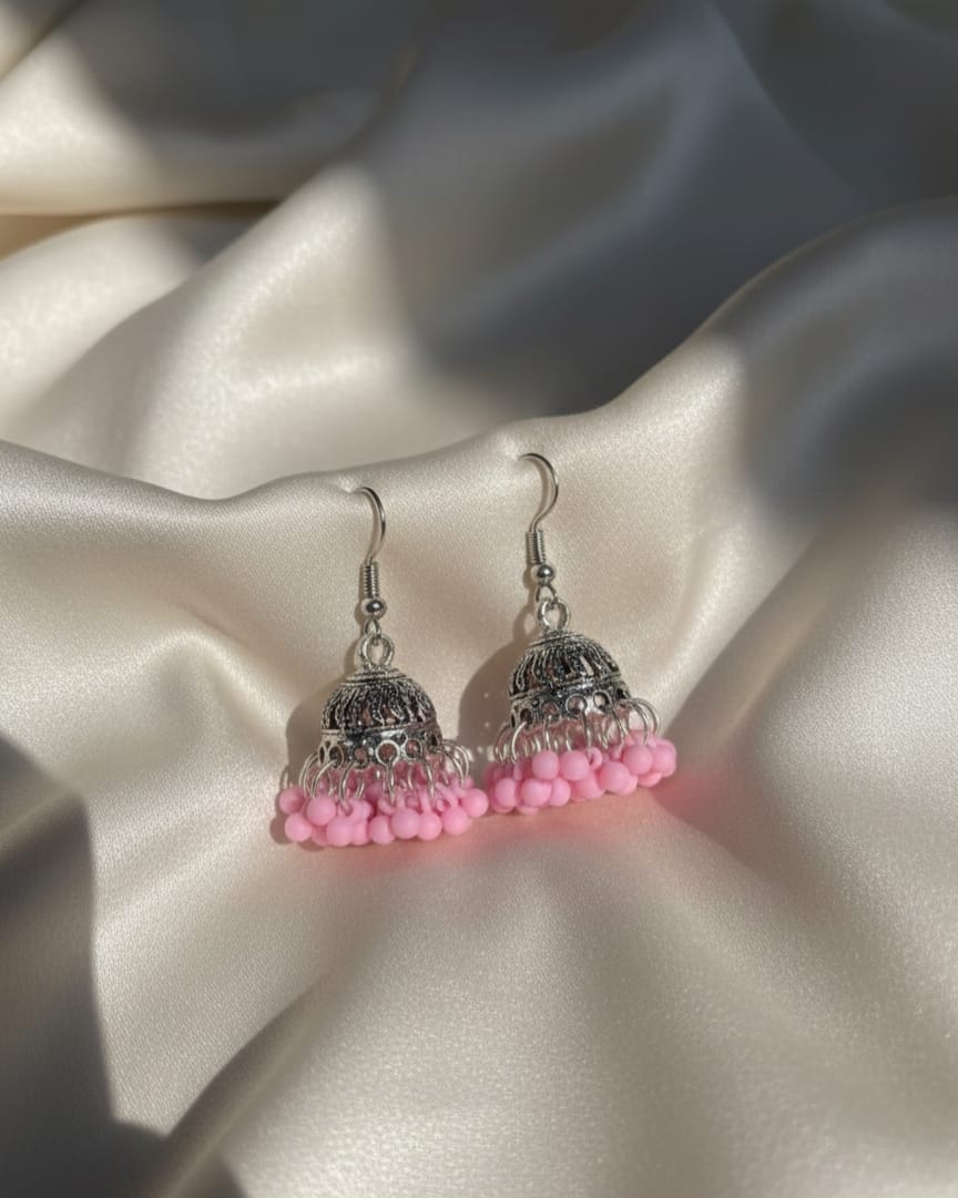 Oxidized Silver Dome Jhumka Earrings with Beaded Base
