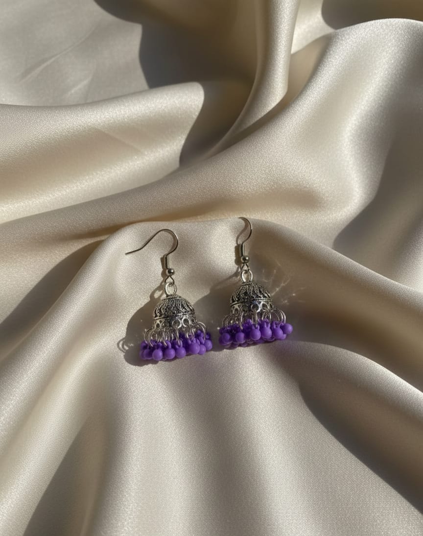 Oxidized Silver Dome Jhumka Earrings with Beaded Base