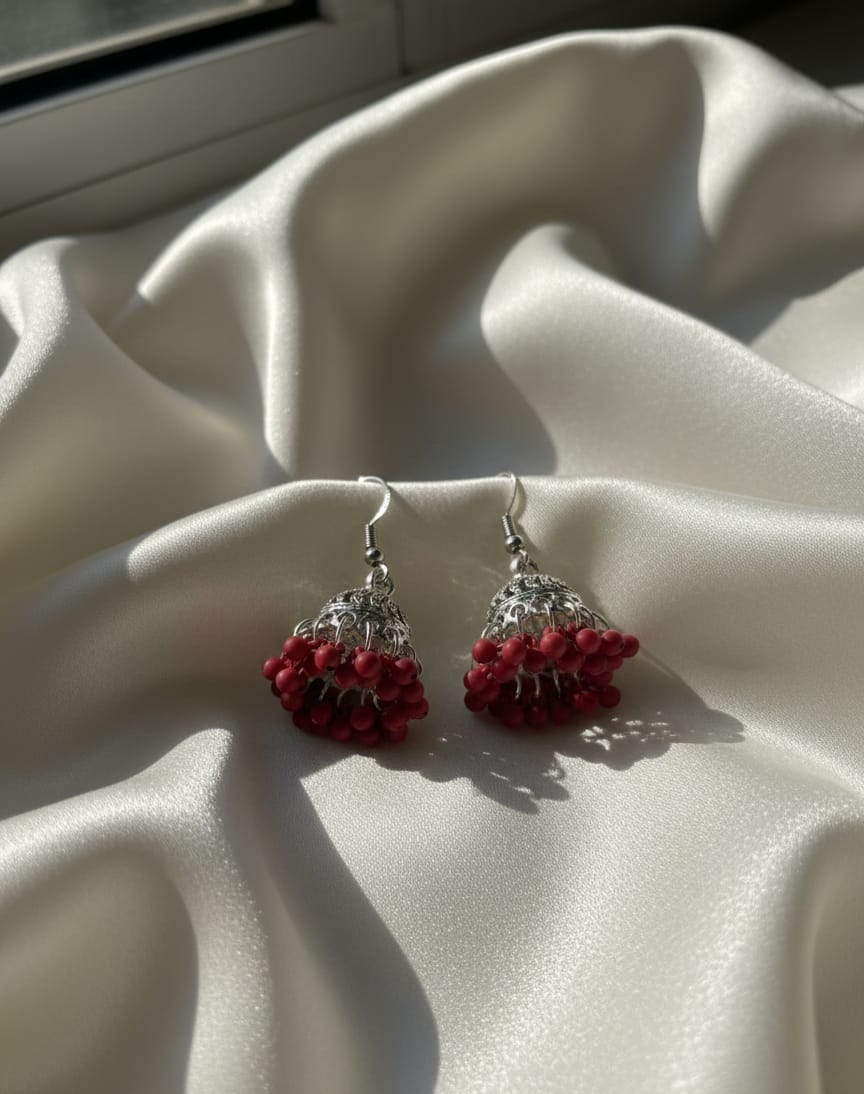 Oxidized Silver Dome Jhumka Earrings with Beaded Base