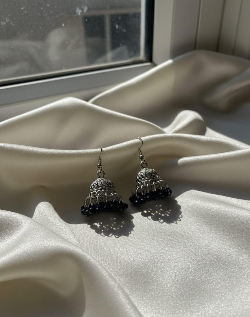 Oxidized Silver Dome Jhumka Earrings with Beaded Base