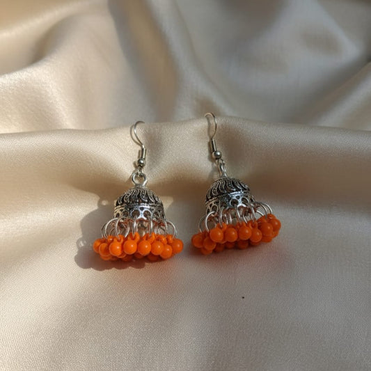 Oxidized Silver Dome Jhumka Earrings with Beaded Base
