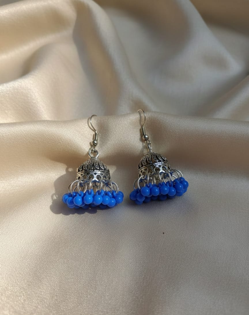 Oxidized Silver Dome Jhumka Earrings with Beaded Base