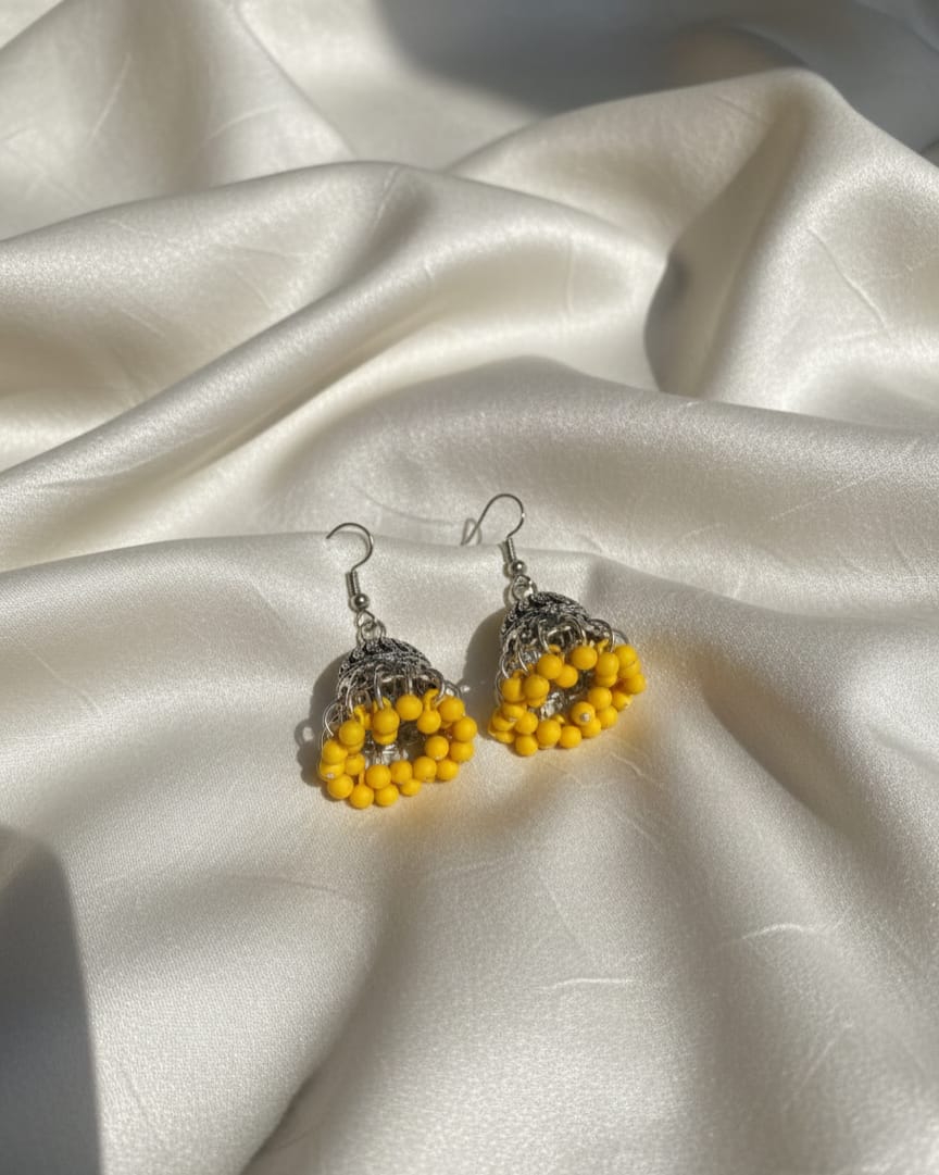 Oxidized Silver Dome Jhumka Earrings with Beaded Base