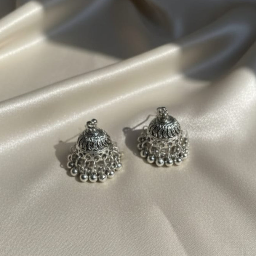 Oxidized Silver Dome Jhumka Earrings with Beaded Base