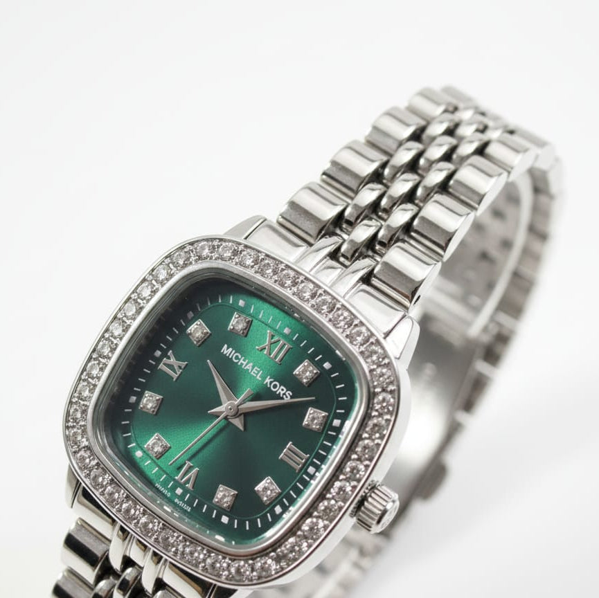 Ladies' Emerald Green Cushion-Cut Watch with Crystal Bezel & Silver Bracelet