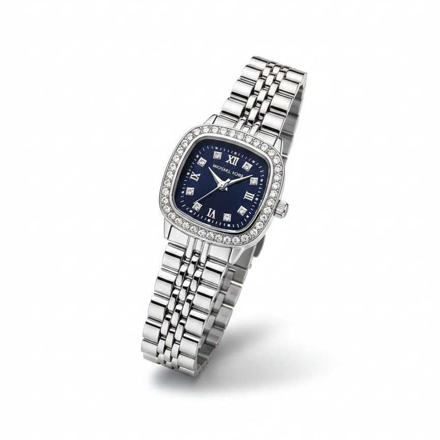 Ladies' Emerald Green Cushion-Cut Watch with Crystal Bezel & Silver Bracelet