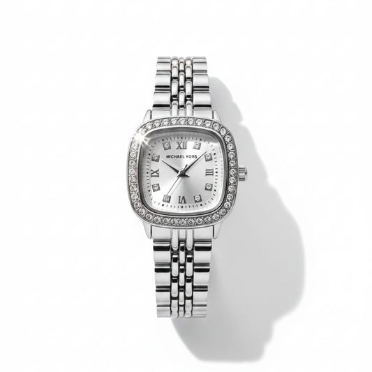 Ladies' Emerald Green Cushion-Cut Watch with Crystal Bezel & Silver Bracelet