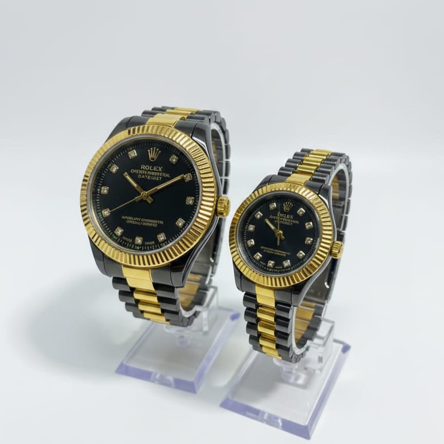 The Duo Elite: His & Hers Two-Tone Gold & Black Luxury Watches"