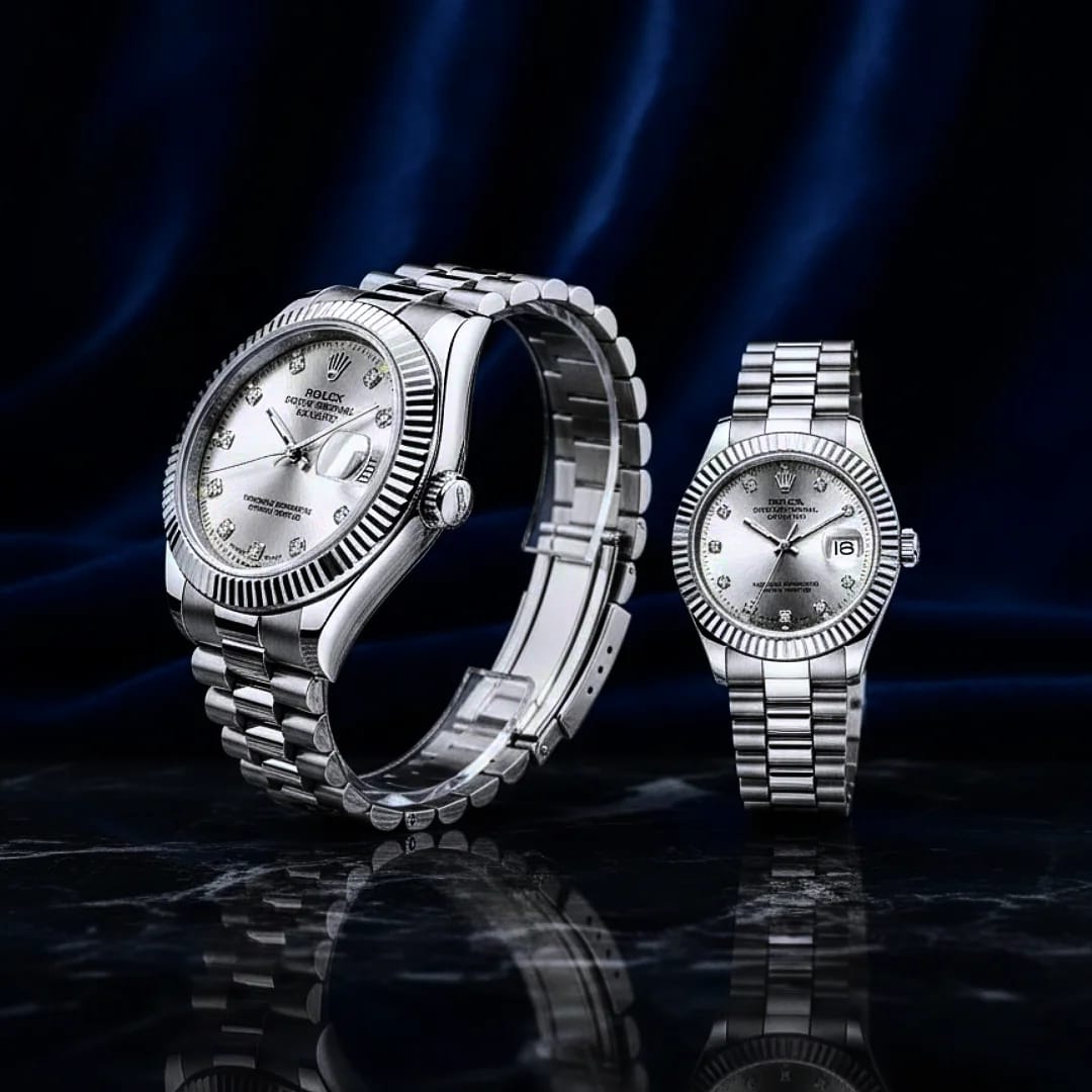 Couple’s Silver Stainless Steel Watch Set with Sunray Dial & Fluted Bezel