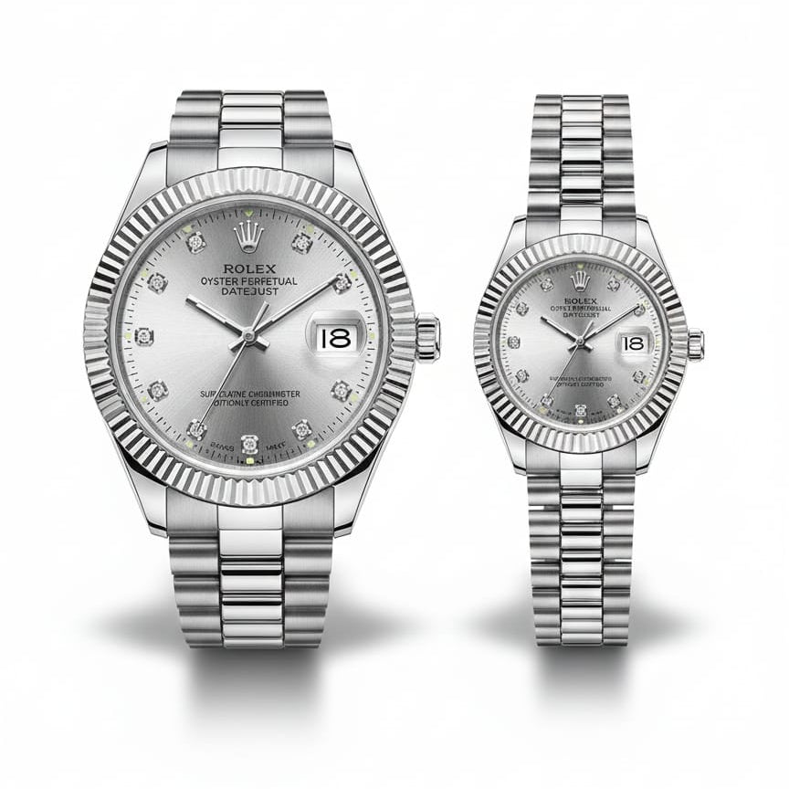 Couple’s Silver Stainless Steel Watch Set with Sunray Dial & Fluted Bezel