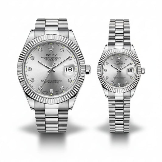 Couple’s Silver Stainless Steel Watch Set with Sunray Dial & Fluted Bezel