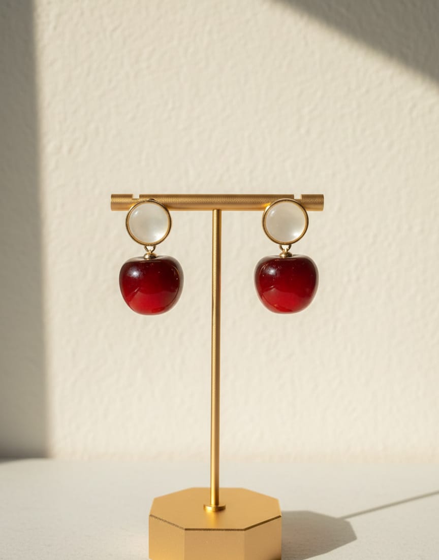 Ruby-Red Cherry Drop Earrings with White Studs