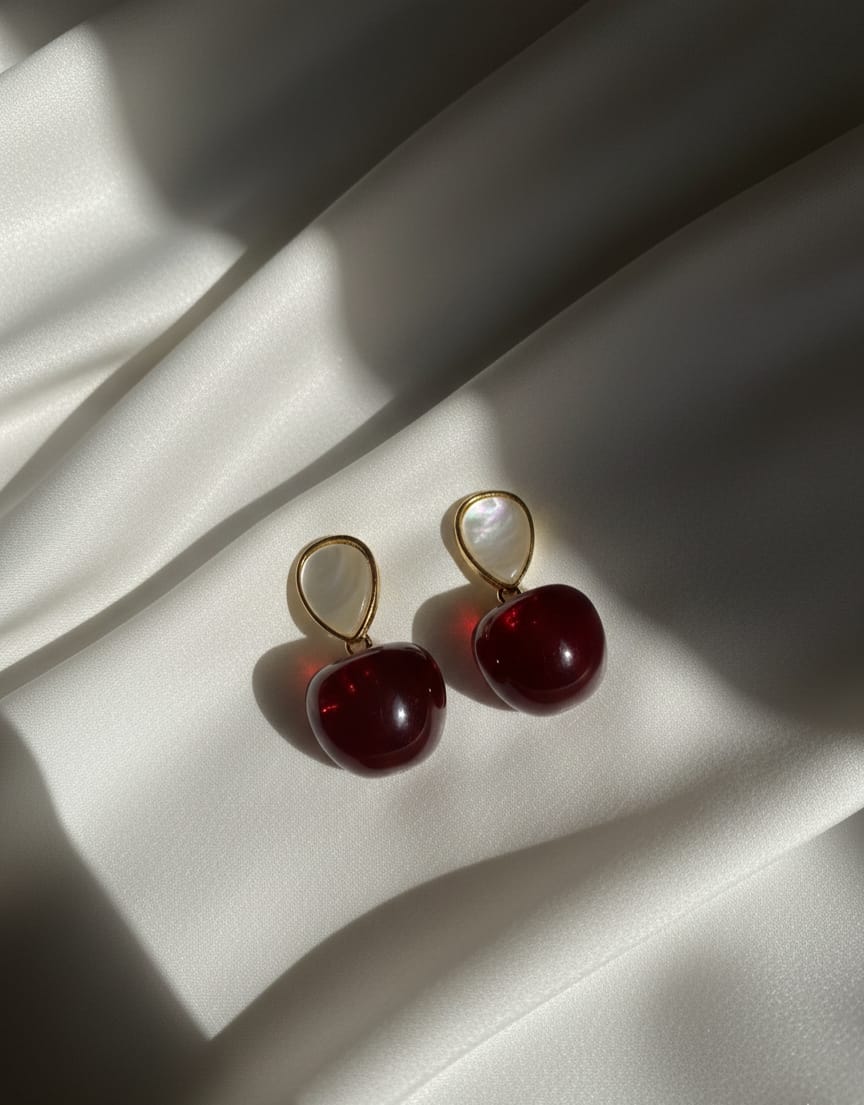 Ruby-Red Cherry Drop Earrings with White Studs