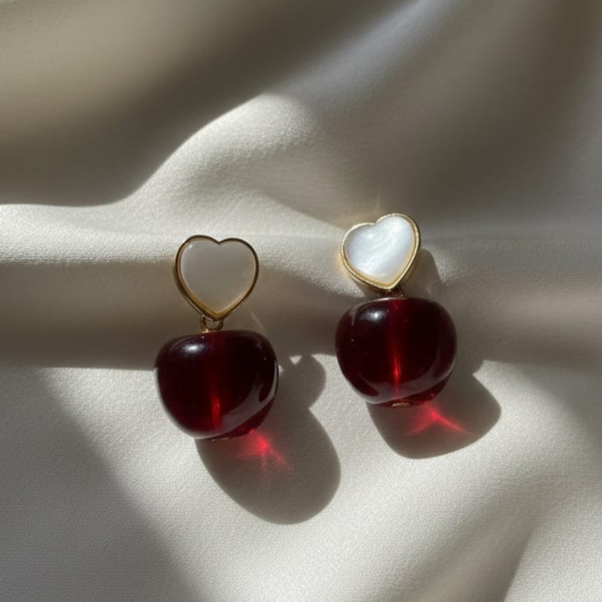Ruby-Red Cherry Drop Earrings with White Studs