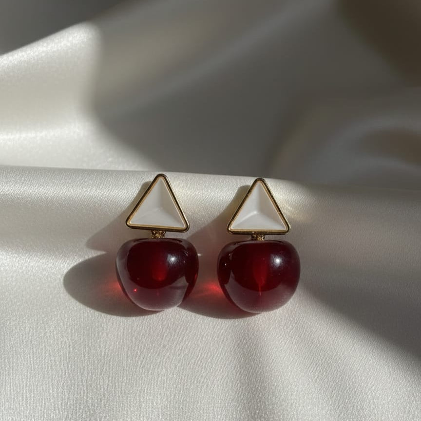Ruby-Red Cherry Drop Earrings with White Studs