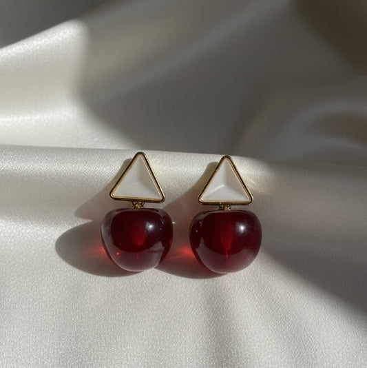 Ruby-Red Cherry Drop Earrings with White Studs