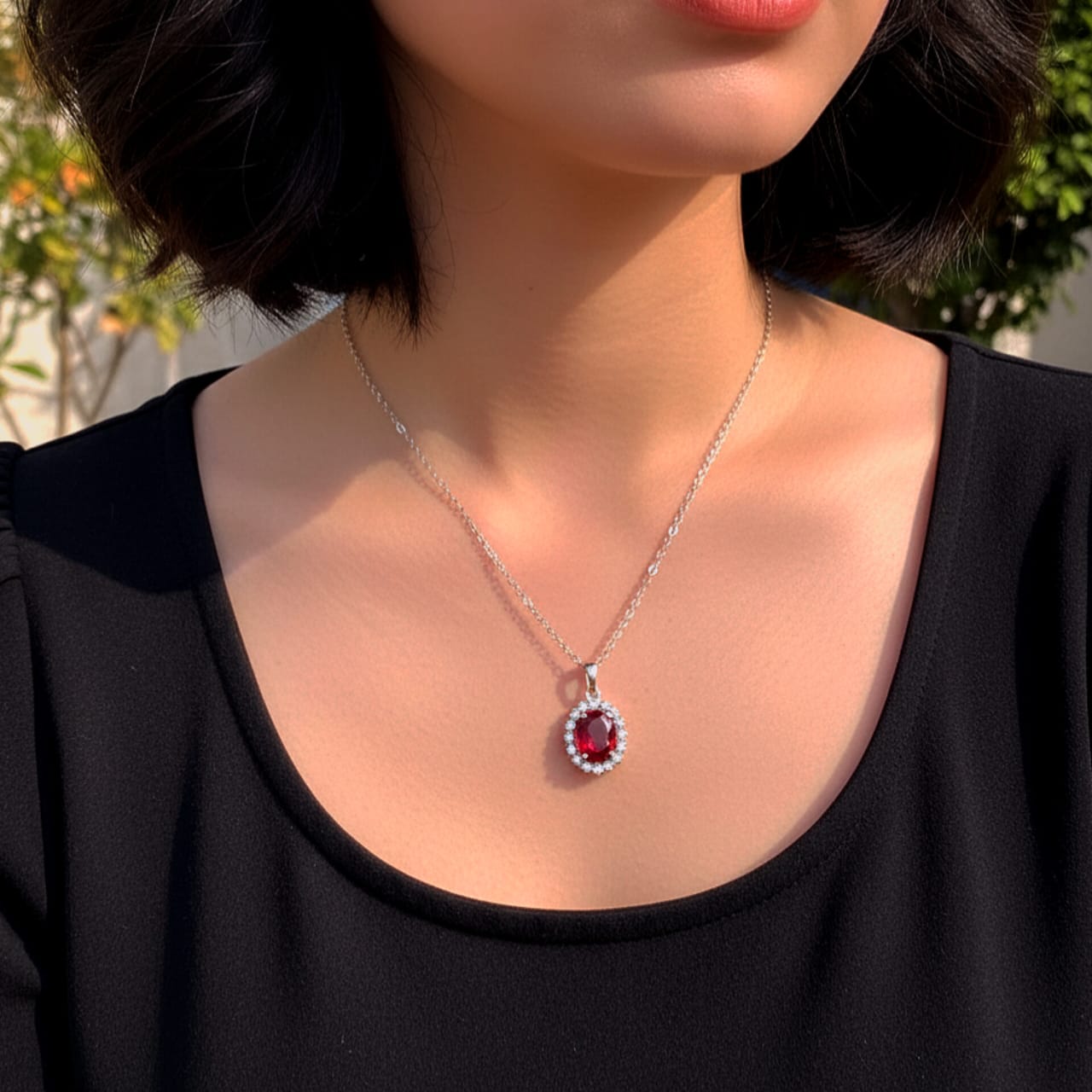 Oval Ruby Halo Pendant