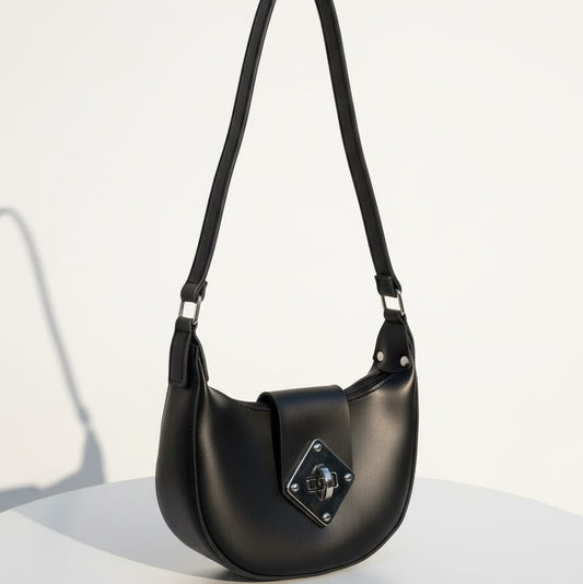 Half - Moon Diamond - Clasp Black & Brown Handbag