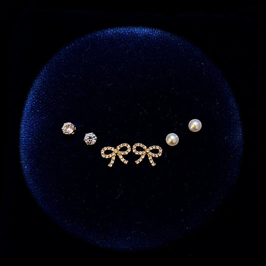 Triple Tier Stud Set: Bow, Pearl & Crystal